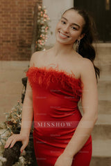 Misshow Fuchsia Satin Tight Short Homecoming Dress/Mini Dress with Feathers