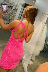 Misshow Fuchsia Sequins One Shoulder Homecoming Dress/Mini Dress