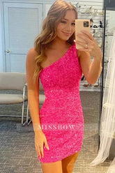 Misshow Fuchsia Sequins One Shoulder Homecoming Dress/Mini Dress