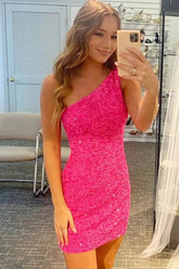Misshow Fuchsia Sequins One Shoulder Homecoming Dress/Mini Dress