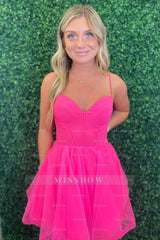Misshow Fuchsia Spaghetti Straps Corset A-Line Short Tulle Homecoming Dress/Mini Dress