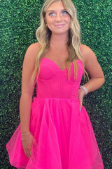 Misshow Fuchsia Spaghetti Straps Corset A-Line Short Tulle Homecoming Dress/Mini Dress