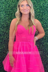 Misshow Fuchsia Spaghetti Straps Corset A-Line Short Tulle Homecoming Dress/Mini Dress
