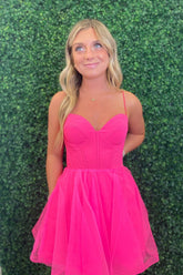 Misshow Fuchsia Spaghetti Straps Corset A-Line Short Tulle Homecoming Dress/Mini Dress