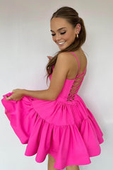 Misshow Fuchsia Spaghetti Straps Lace-Up Back A-Line Short Satin Homecoming Dress/Mini Dress