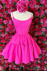 Misshow Fuchsia Spaghetti Straps Lace-Up Back A-Line Short Satin Homecoming Dress/Mini Dress