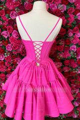 Misshow Fuchsia Spaghetti Straps Lace-Up Back A-Line Short Satin Homecoming Dress/Mini Dress