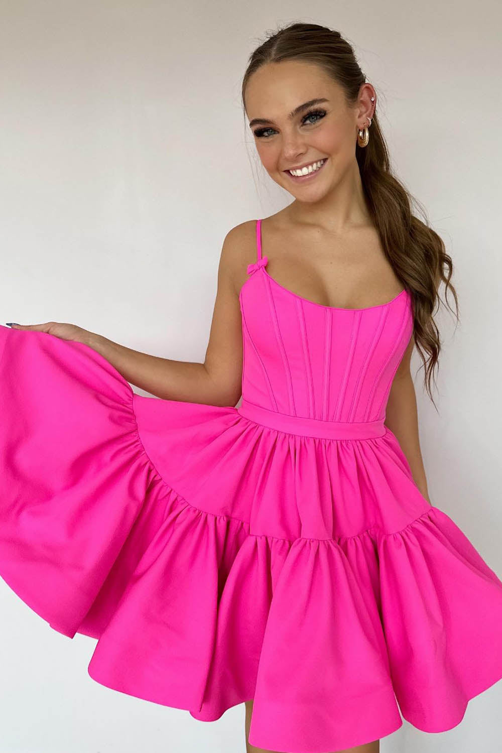 Misshow Fuchsia Spaghetti Straps Lace-Up Back A-Line Short Satin Homecoming Dress/Mini Dress