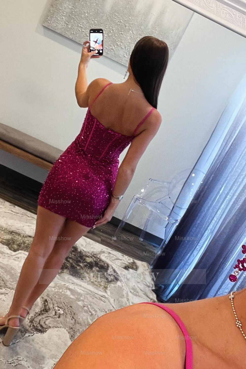 Misshow Fuchsia Sparkly Corset Tight Short Homecoming Dress/Mini Dress with Beadings