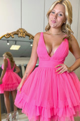 Misshow Fuchsia V-Neck Tulle A-Line Short Homecoming Dress/Mini Dress