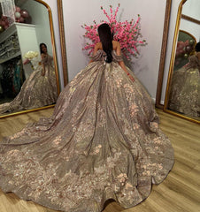 Misshow Glitter Ball Gown Sweetheart Neckline Off-Shoulder Tulle Gown with Sweep Train for Quinceanera Sweet 16 & Cocktail Parties