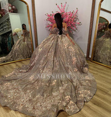 Misshow Glitter Ball Gown Sweetheart Neckline Off-Shoulder Tulle Gown with Sweep Train for Quinceanera Sweet 16 & Cocktail Parties