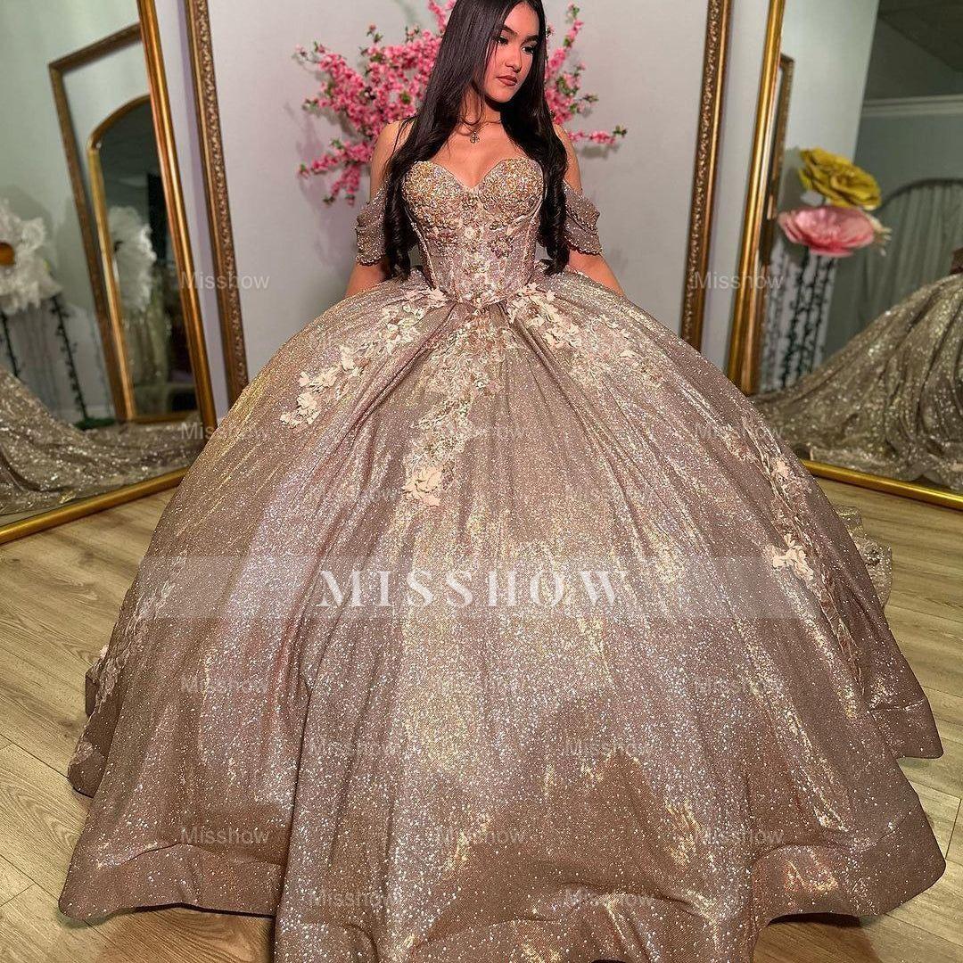 Misshow Glitter Ball Gown Sweetheart Neckline Off-Shoulder Tulle Gown with Sweep Train for Quinceanera Sweet 16 & Cocktail Parties