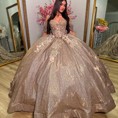 Misshow Glitter Ball Gown Sweetheart Neckline Off-Shoulder Tulle Gown with Sweep Train for Quinceanera Sweet 16 & Cocktail Parties