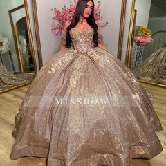 Misshow Glitter Ball Gown Sweetheart Neckline Off-Shoulder Tulle Gown with Sweep Train for Quinceanera Sweet 16 & Cocktail Parties