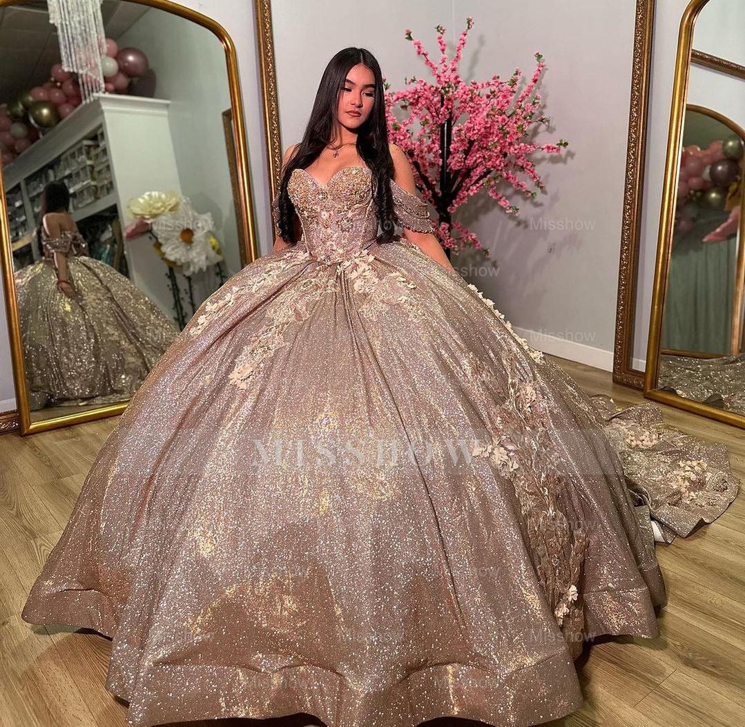 Misshow Glitter Ball Gown Sweetheart Neckline Off-Shoulder Tulle Gown with Sweep Train for Quinceanera Sweet 16 & Cocktail Parties