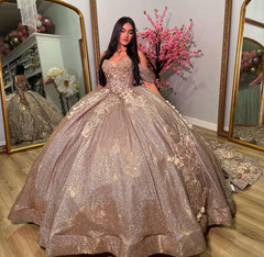 Misshow Glitter Ball Gown Sweetheart Neckline Off-Shoulder Tulle Gown with Sweep Train for Quinceanera Sweet 16 & Cocktail Parties