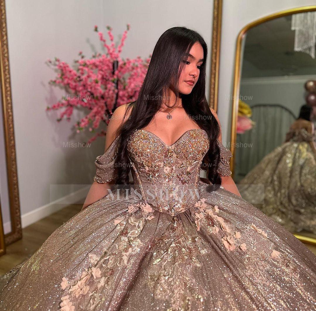 Misshow Glitter Ball Gown Sweetheart Neckline Off-Shoulder Tulle Gown with Sweep Train for Quinceanera Sweet 16 & Cocktail Parties