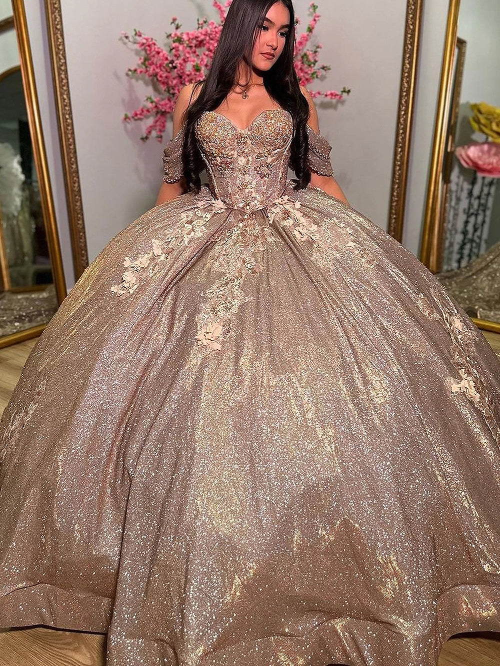 Misshow Glitter Ball Gown Sweetheart Neckline Off-Shoulder Tulle Gown with Sweep Train for Quinceanera Sweet 16 & Cocktail Parties