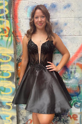 Misshow Glitter Black A-Line Satin Short Homecoming Dress/Mini Dress with Appliques