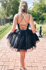 Misshow Glitter Black A-Line Tulle Short Homecoming Dress/Mini Dress with Lace