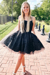 Misshow Glitter Black A-Line Tulle Short Homecoming Dress/Mini Dress with Lace