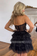 Misshow Glitter Black Corset Tiered A-Line Tulle Short Homecoming Dress/Mini Dress