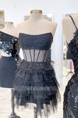 Misshow Glitter Black Corset Tiered A-Line Tulle Short Homecoming Dress/Mini Dress