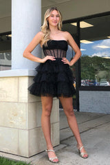 Misshow Glitter Black Corset Tiered A-Line Tulle Short Homecoming Dress/Mini Dress