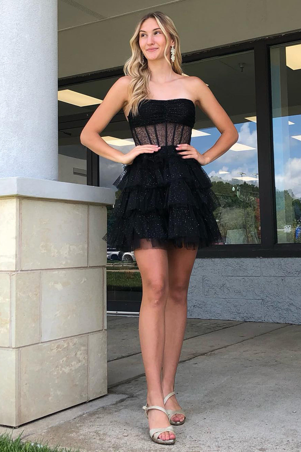 Misshow Glitter Black Corset Tiered A-Line Tulle Short Homecoming Dress/Mini Dress