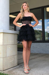Misshow Glitter Black Corset Tiered A-Line Tulle Short Homecoming Dress/Mini Dress