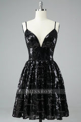 Misshow Glitter Black Lace Sequins Homecoming Dress/Mini Dress