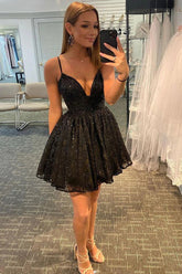 Misshow Glitter Black Lace Sequins Homecoming Dress/Mini Dress