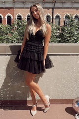 Misshow Glitter Black Tiered Spaghetti Straps Short Homecoming Dress/Mini Dress