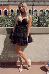 Misshow Glitter Black Tiered Spaghetti Straps Short Homecoming Dress/Mini Dress