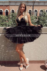 Misshow Glitter Black Tiered Spaghetti Straps Short Homecoming Dress/Mini Dress