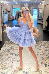 Misshow Glitter Blue A-Line Tulle Tiered Short Homecoming Dress/Mini Dress