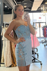 Misshow Glitter Blue Corset Floral Sequins Tight Short Homecoming Dress/Mini Dress with Fringes