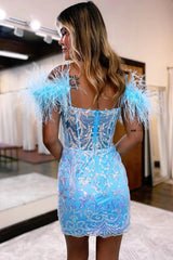 Misshow Glitter Blue Corset Lace Tight Short Homecoming Dress/Mini Dress with Feathers