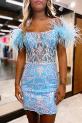 Misshow Glitter Blue Corset Lace Tight Short Homecoming Dress/Mini Dress with Feathers