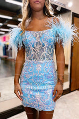 Misshow Glitter Blue Corset Lace Tight Short Homecoming Dress/Mini Dress with Feathers