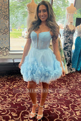 Misshow Glitter Blue Corset Tulle A-Line Tulle Short Homecoming Dress/Mini Dress With Pocket