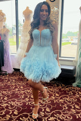 Misshow Glitter Blue Corset Tulle A-Line Tulle Short Homecoming Dress/Mini Dress With Pocket