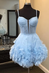 Misshow Glitter Blue Corset Tulle A-Line Tulle Short Homecoming Dress/Mini Dress With Pocket