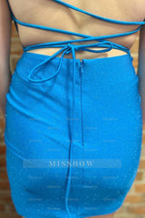 Misshow Glitter Blue Spaghetti Straps Corset Tight Short Beaded Homecoming Dress/Mini Dress