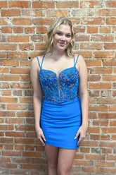 Misshow Glitter Blue Spaghetti Straps Corset Tight Short Beaded Homecoming Dress/Mini Dress