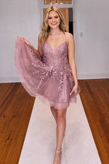 Misshow Glitter Blush A-Line Tulle Short Homecoming Dress/Mini Dress with Lace