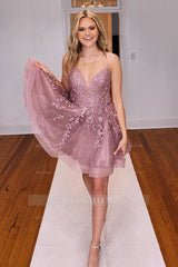 Misshow Glitter Blush A-Line Tulle Short Homecoming Dress/Mini Dress with Lace