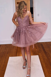 Misshow Glitter Blush A-Line Tulle Short Homecoming Dress/Mini Dress with Lace