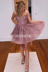 Misshow Glitter Blush A-Line Tulle Short Homecoming Dress/Mini Dress with Lace